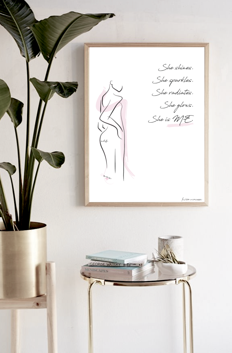 She is me radiance graphic female line print in frame above table