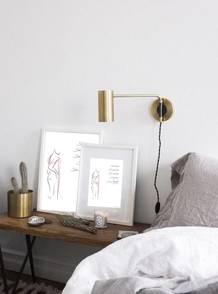 She is me radiance graphic female line print in frame on bedside table